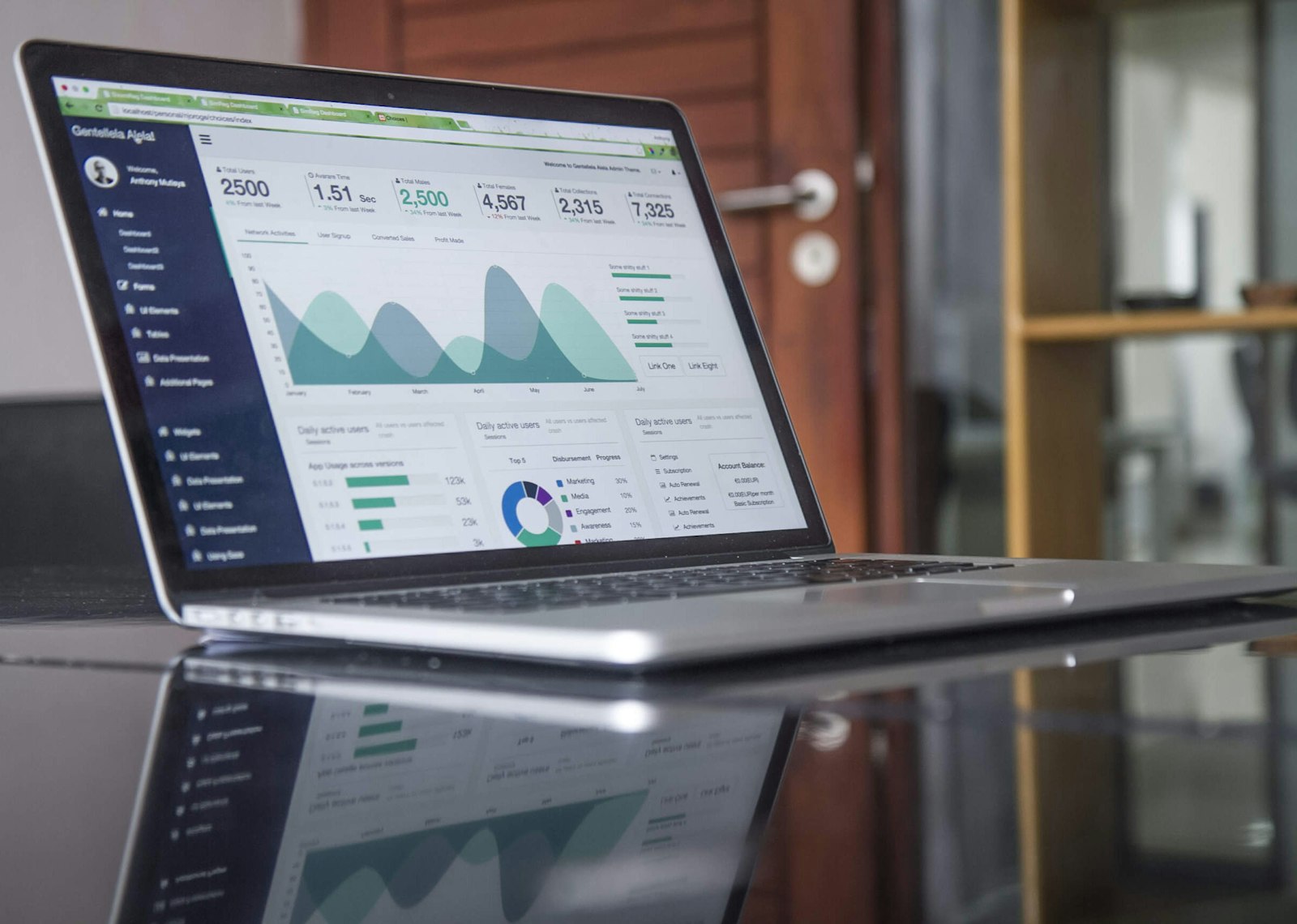 Modernes Fintech-Dashboard von Saldopilot mit klaren Finanzauswertungen und Tabellen in einem hellen, professionellen Büro.